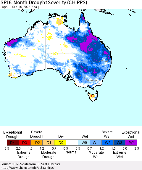 Australia SPI 6-Month Drought Severity (CHIRPS) Thematic Map For 4/1/2022 - 9/30/2022