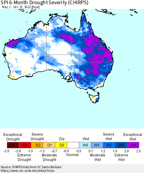 Australia SPI 6-Month Drought Severity (CHIRPS) Thematic Map For 5/1/2022 - 10/31/2022