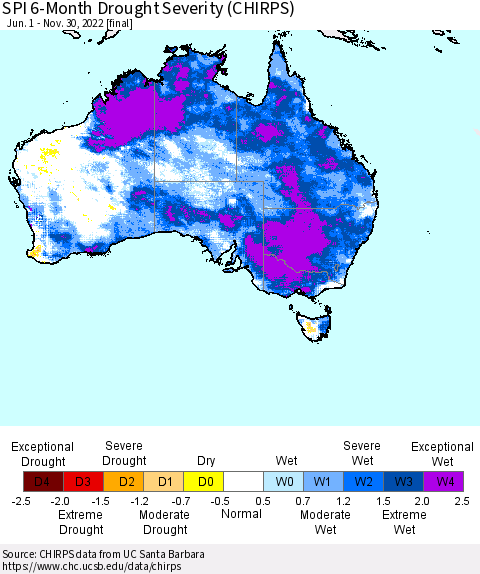 Australia SPI 6-Month Drought Severity (CHIRPS) Thematic Map For 6/1/2022 - 11/30/2022