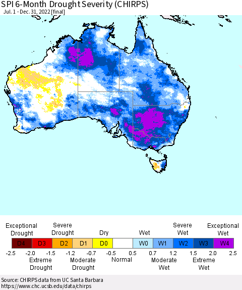 Australia SPI 6-Month Drought Severity (CHIRPS) Thematic Map For 7/1/2022 - 12/31/2022