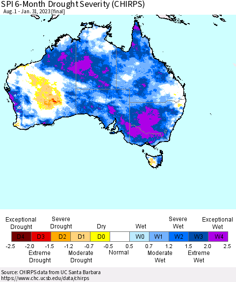 Australia SPI 6-Month Drought Severity (CHIRPS) Thematic Map For 8/1/2022 - 1/31/2023