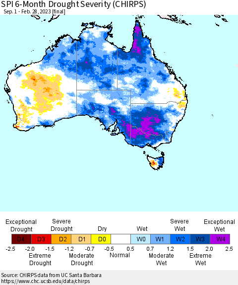 Australia SPI 6-Month Drought Severity (CHIRPS) Thematic Map For 9/1/2022 - 2/28/2023