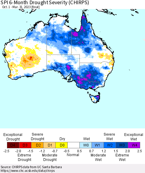 Australia SPI 6-Month Drought Severity (CHIRPS) Thematic Map For 10/1/2022 - 3/31/2023