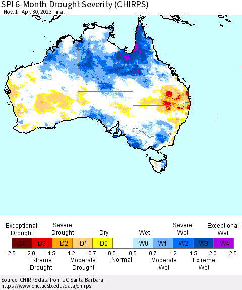Australia SPI 6-Month Drought Severity (CHIRPS) Thematic Map For 11/1/2022 - 4/30/2023