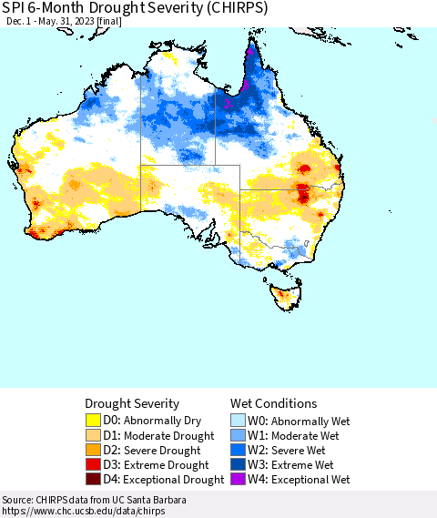 Australia SPI 6-Month Drought Severity (CHIRPS) Thematic Map For 12/1/2022 - 5/31/2023