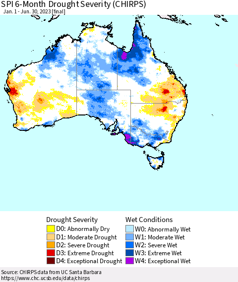 Australia SPI 6-Month Drought Severity (CHIRPS) Thematic Map For 1/1/2023 - 6/30/2023