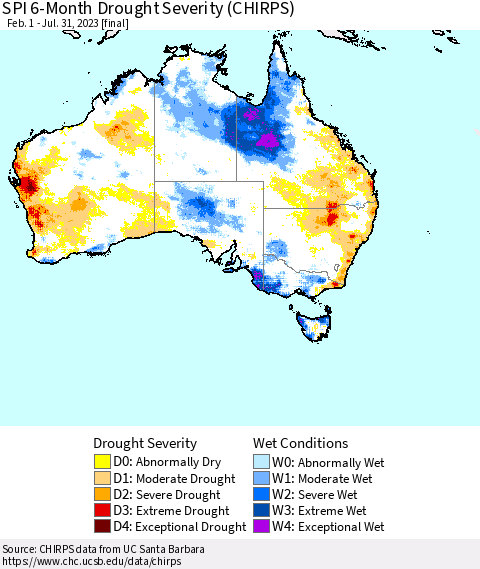 Australia SPI 6-Month Drought Severity (CHIRPS) Thematic Map For 2/1/2023 - 7/31/2023