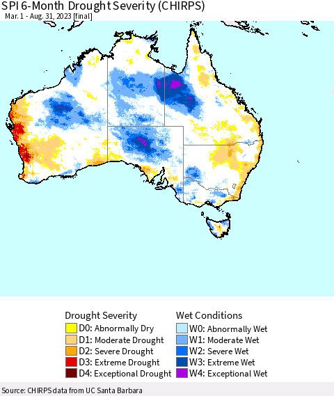 Australia SPI 6-Month Drought Severity (CHIRPS) Thematic Map For 3/1/2023 - 8/31/2023