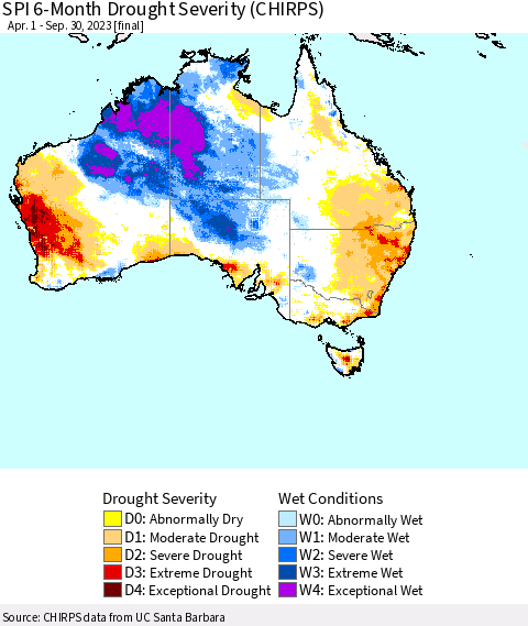 Australia SPI 6-Month Drought Severity (CHIRPS) Thematic Map For 4/1/2023 - 9/30/2023
