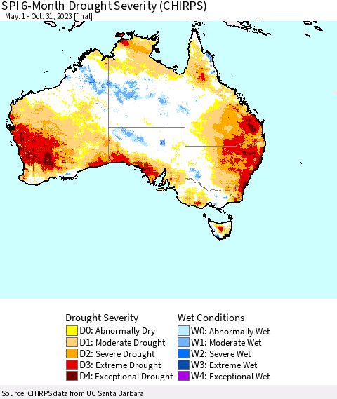 Australia SPI 6-Month Drought Severity (CHIRPS) Thematic Map For 5/1/2023 - 10/31/2023