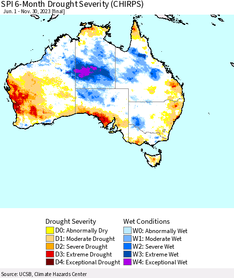 Australia SPI 6-Month Drought Severity (CHIRPS) Thematic Map For 6/1/2023 - 11/30/2023