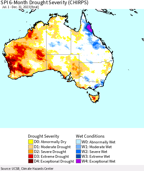 Australia SPI 6-Month Drought Severity (CHIRPS) Thematic Map For 7/1/2023 - 12/31/2023