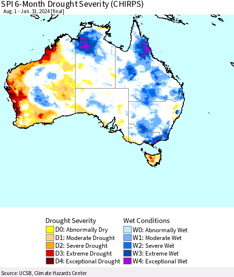 Australia SPI 6-Month Drought Severity (CHIRPS) Thematic Map For 8/1/2023 - 1/31/2024