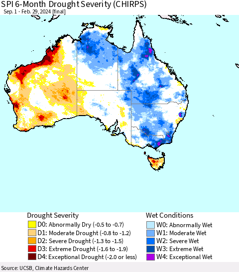 Australia SPI 6-Month Drought Severity (CHIRPS) Thematic Map For 9/1/2023 - 2/29/2024