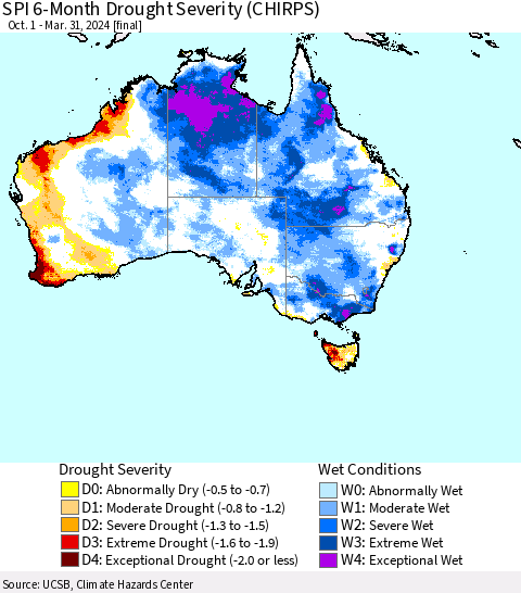 Australia SPI 6-Month Drought Severity (CHIRPS) Thematic Map For 10/1/2023 - 3/31/2024