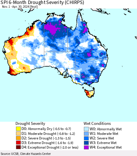 Australia SPI 6-Month Drought Severity (CHIRPS) Thematic Map For 11/1/2023 - 4/30/2024