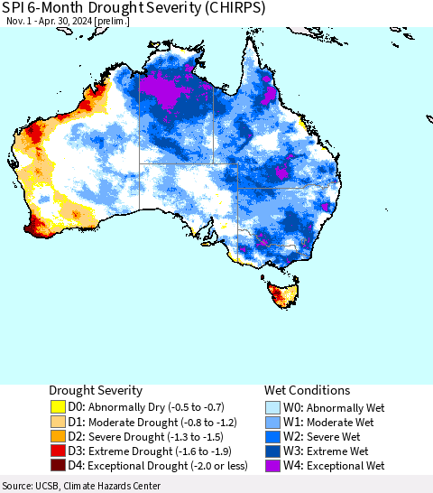 Australia SPI 6-Month Drought Severity (CHIRPS) Thematic Map For 11/1/2023 - 4/30/2024