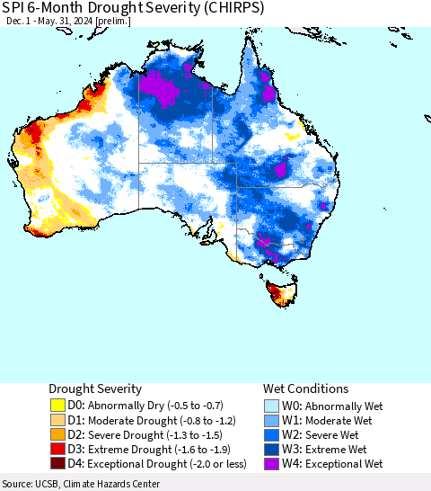 Australia SPI 6-Month Drought Severity (CHIRPS) Thematic Map For 12/1/2023 - 5/31/2024