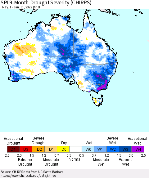 Australia SPI 9-Month Drought Severity (CHIRPS) Thematic Map For 5/1/2021 - 1/31/2022