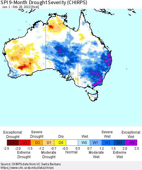 Australia SPI 9-Month Drought Severity (CHIRPS) Thematic Map For 6/1/2021 - 2/28/2022