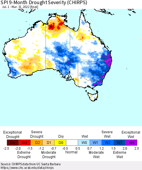 Australia SPI 9-Month Drought Severity (CHIRPS) Thematic Map For 7/1/2021 - 3/31/2022