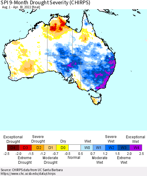 Australia SPI 9-Month Drought Severity (CHIRPS) Thematic Map For 8/1/2021 - 4/30/2022