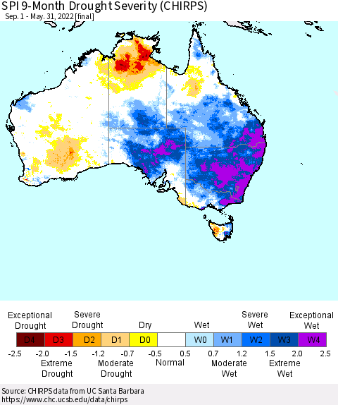 Australia SPI 9-Month Drought Severity (CHIRPS) Thematic Map For 9/1/2021 - 5/31/2022