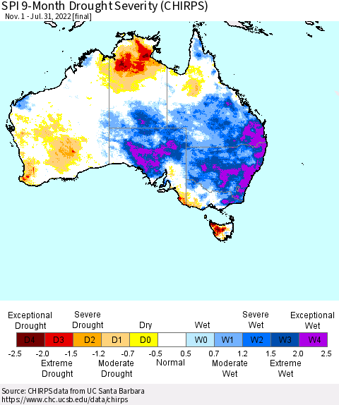 Australia SPI 9-Month Drought Severity (CHIRPS) Thematic Map For 11/1/2021 - 7/31/2022