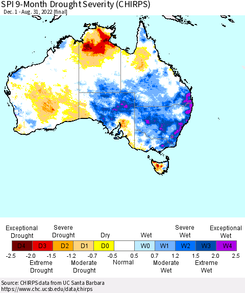 Australia SPI 9-Month Drought Severity (CHIRPS) Thematic Map For 12/1/2021 - 8/31/2022
