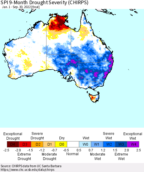Australia SPI 9-Month Drought Severity (CHIRPS) Thematic Map For 1/1/2022 - 9/30/2022