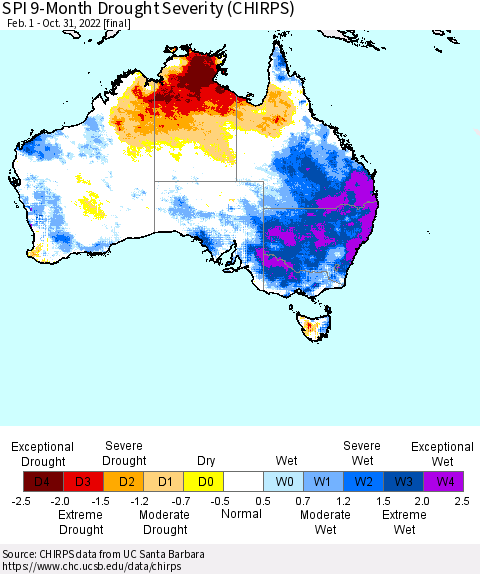 Australia SPI 9-Month Drought Severity (CHIRPS) Thematic Map For 2/1/2022 - 10/31/2022