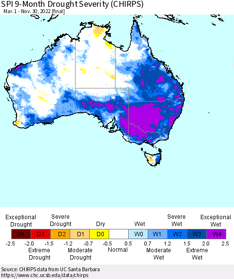 Australia SPI 9-Month Drought Severity (CHIRPS) Thematic Map For 3/1/2022 - 11/30/2022