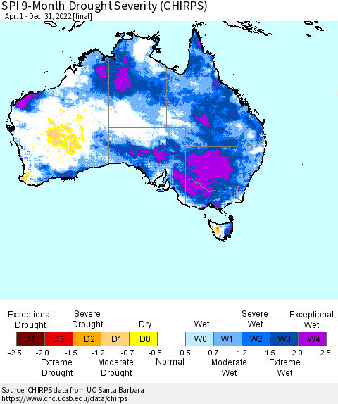 Australia SPI 9-Month Drought Severity (CHIRPS) Thematic Map For 4/1/2022 - 12/31/2022