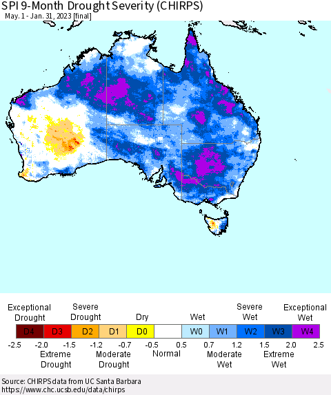 Australia SPI 9-Month Drought Severity (CHIRPS) Thematic Map For 5/1/2022 - 1/31/2023