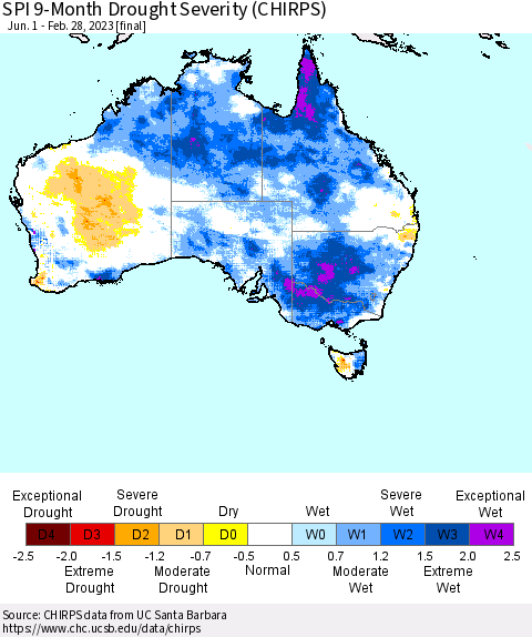 Australia SPI 9-Month Drought Severity (CHIRPS) Thematic Map For 6/1/2022 - 2/28/2023