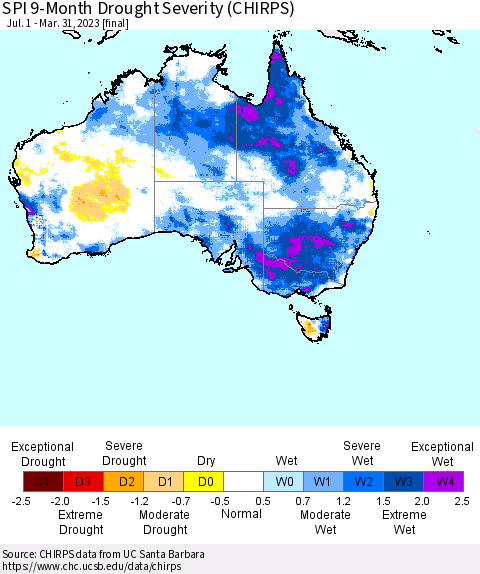 Australia SPI 9-Month Drought Severity (CHIRPS) Thematic Map For 7/1/2022 - 3/31/2023