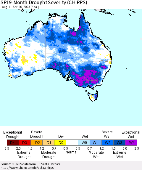 Australia SPI 9-Month Drought Severity (CHIRPS) Thematic Map For 8/1/2022 - 4/30/2023