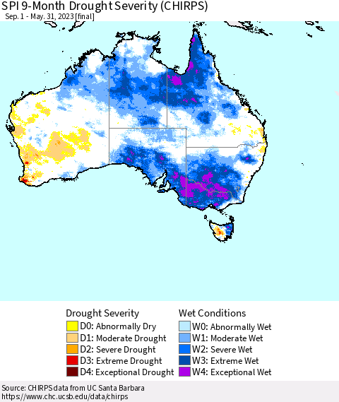 Australia SPI 9-Month Drought Severity (CHIRPS) Thematic Map For 9/1/2022 - 5/31/2023