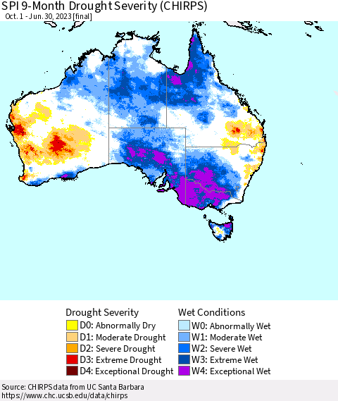Australia SPI 9-Month Drought Severity (CHIRPS) Thematic Map For 10/1/2022 - 6/30/2023