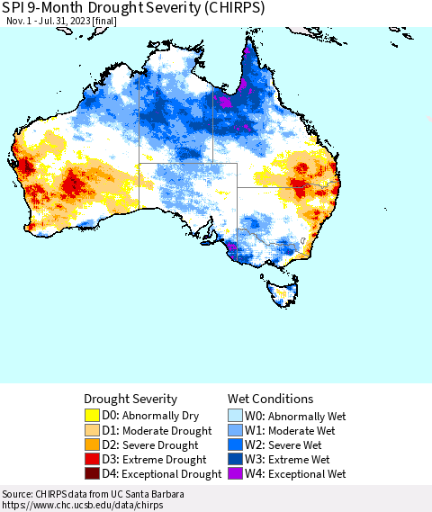 Australia SPI 9-Month Drought Severity (CHIRPS) Thematic Map For 11/1/2022 - 7/31/2023