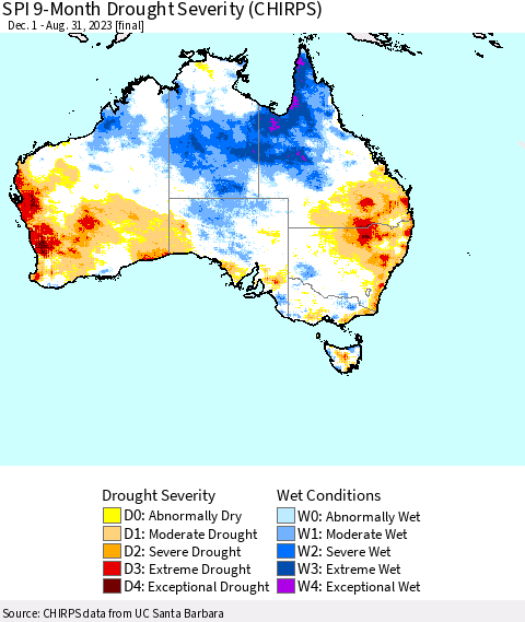 Australia SPI 9-Month Drought Severity (CHIRPS) Thematic Map For 12/1/2022 - 8/31/2023