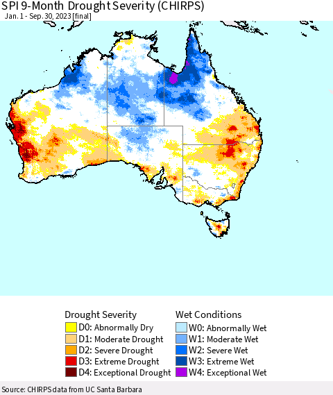 Australia SPI 9-Month Drought Severity (CHIRPS) Thematic Map For 1/1/2023 - 9/30/2023