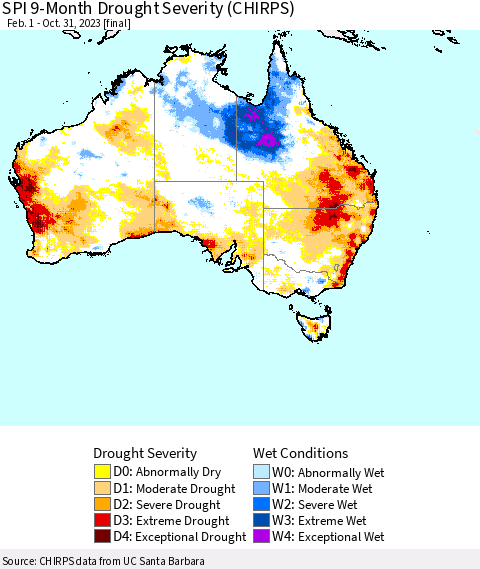 Australia SPI 9-Month Drought Severity (CHIRPS) Thematic Map For 2/1/2023 - 10/31/2023