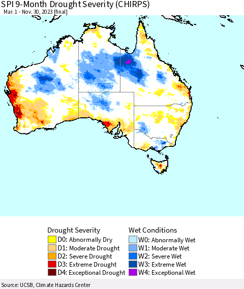 Australia SPI 9-Month Drought Severity (CHIRPS) Thematic Map For 3/1/2023 - 11/30/2023