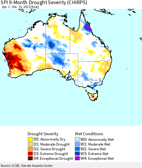 Australia SPI 9-Month Drought Severity (CHIRPS) Thematic Map For 4/1/2023 - 12/31/2023