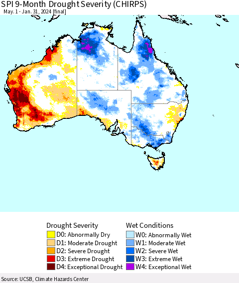 Australia SPI 9-Month Drought Severity (CHIRPS) Thematic Map For 5/1/2023 - 1/31/2024