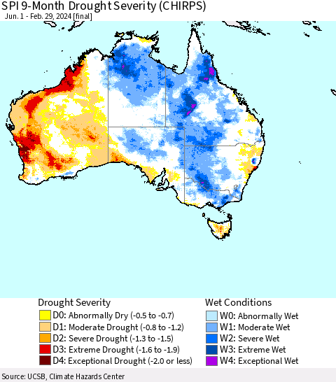 Australia SPI 9-Month Drought Severity (CHIRPS) Thematic Map For 6/1/2023 - 2/29/2024