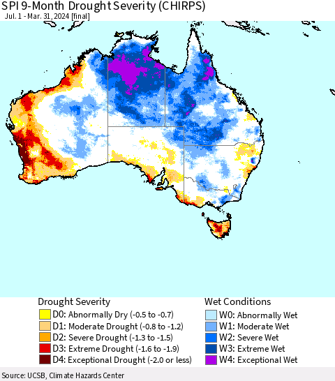 Australia SPI 9-Month Drought Severity (CHIRPS) Thematic Map For 7/1/2023 - 3/31/2024