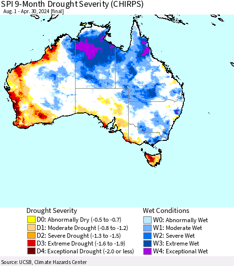 Australia SPI 9-Month Drought Severity (CHIRPS) Thematic Map For 8/1/2023 - 4/30/2024