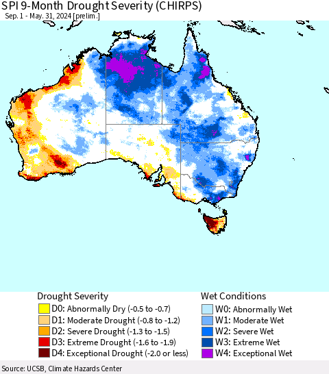 Australia SPI 9-Month Drought Severity (CHIRPS) Thematic Map For 9/1/2023 - 5/31/2024